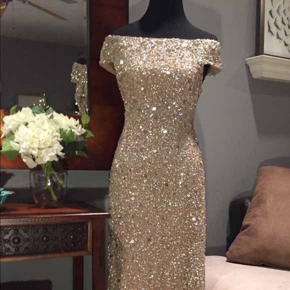 adrianna papell one shoulder sequin gown
